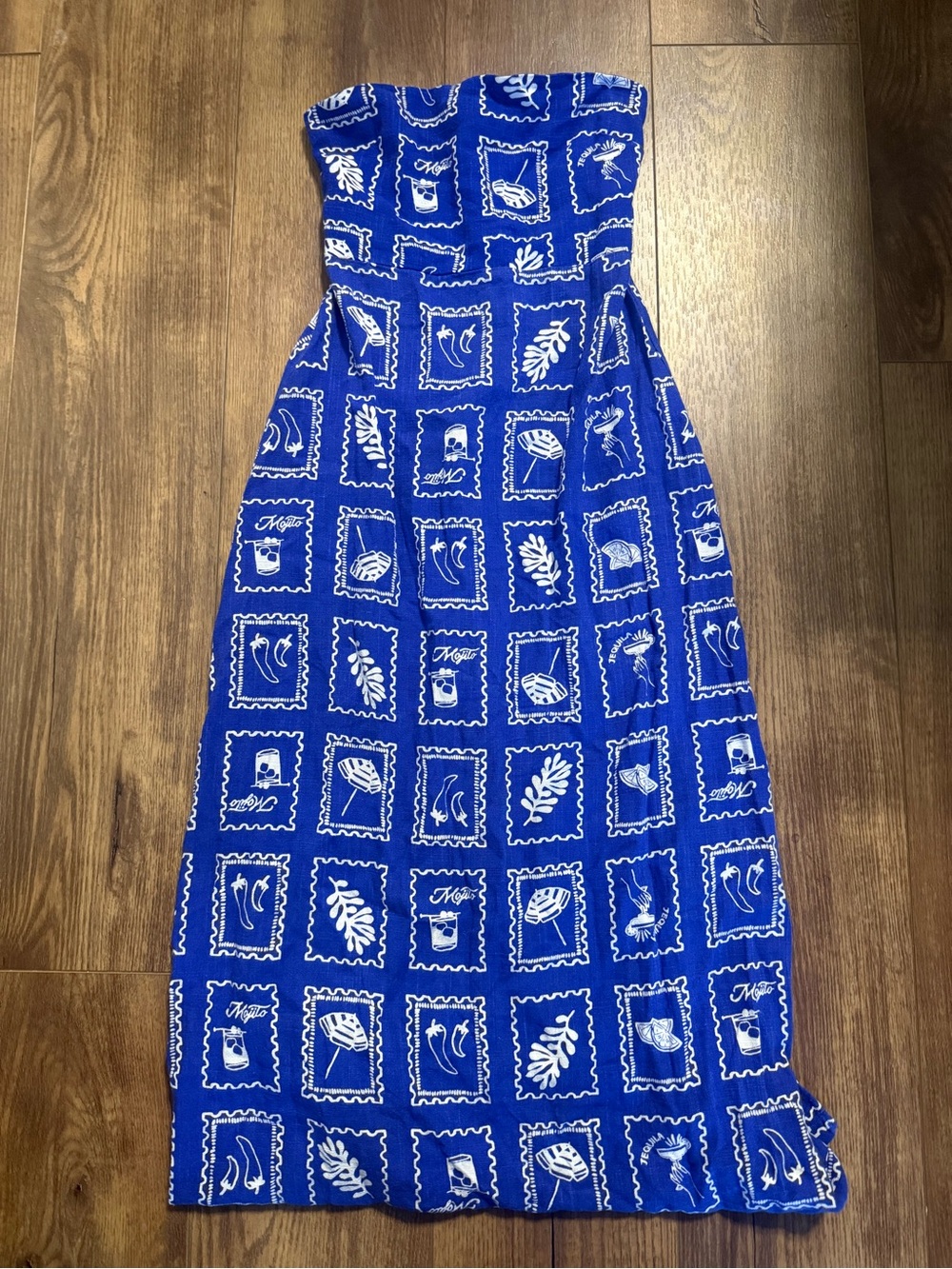 Strapless Blue & White Printed Midi Dress